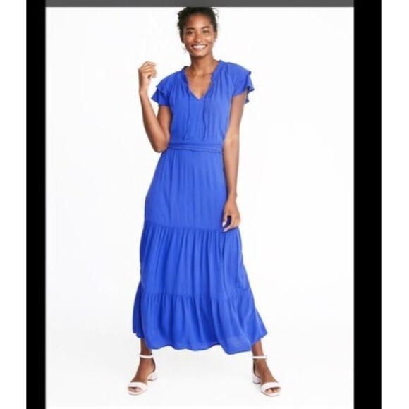 Old Navy Blue Maxi Dress Large Tiered Flowy Boho Minimalist Resortwear Summer - Picture 1 of 6